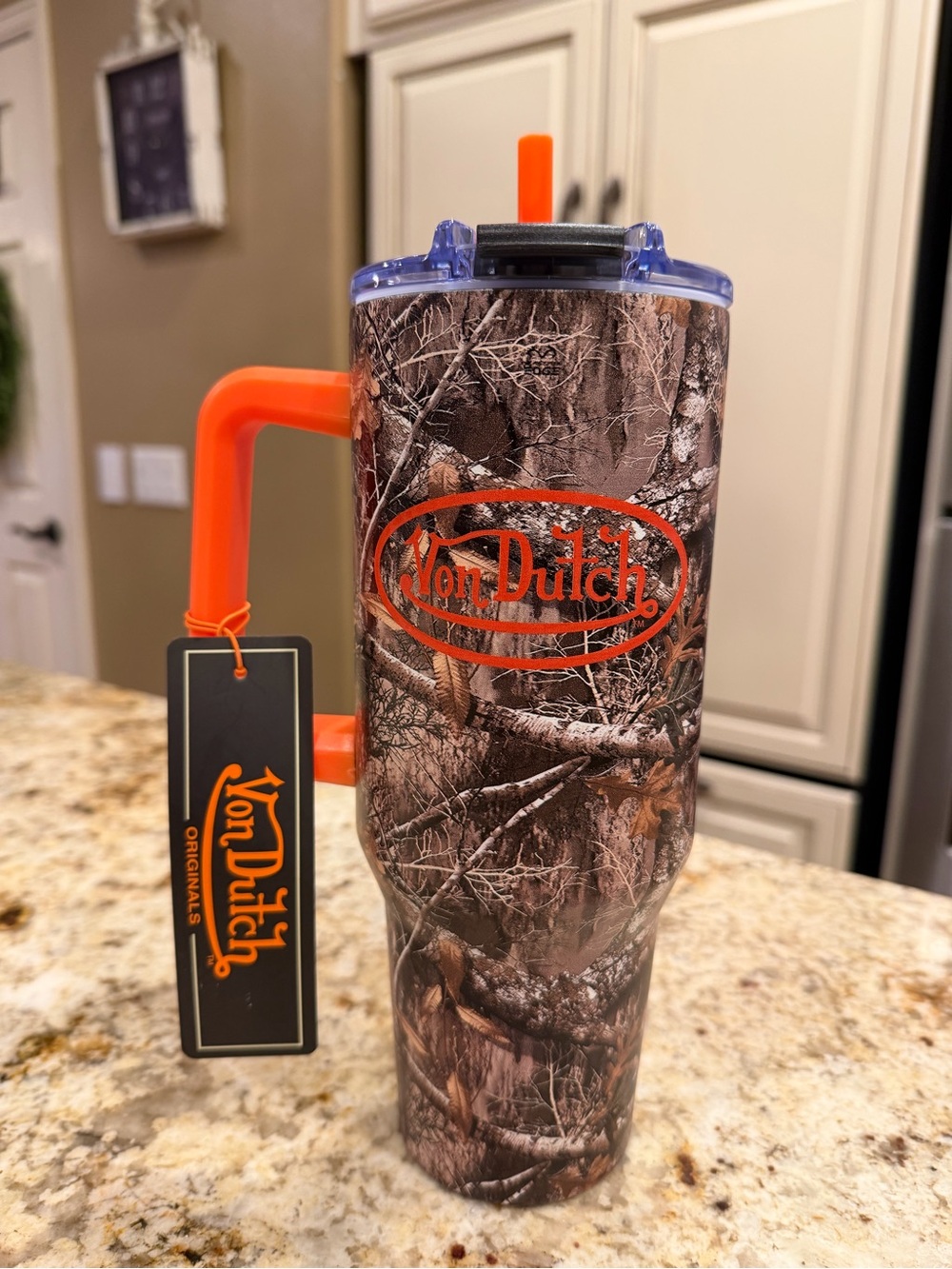 Von Dutch Camo Travel Tumbler with Orange Handle & Lid
